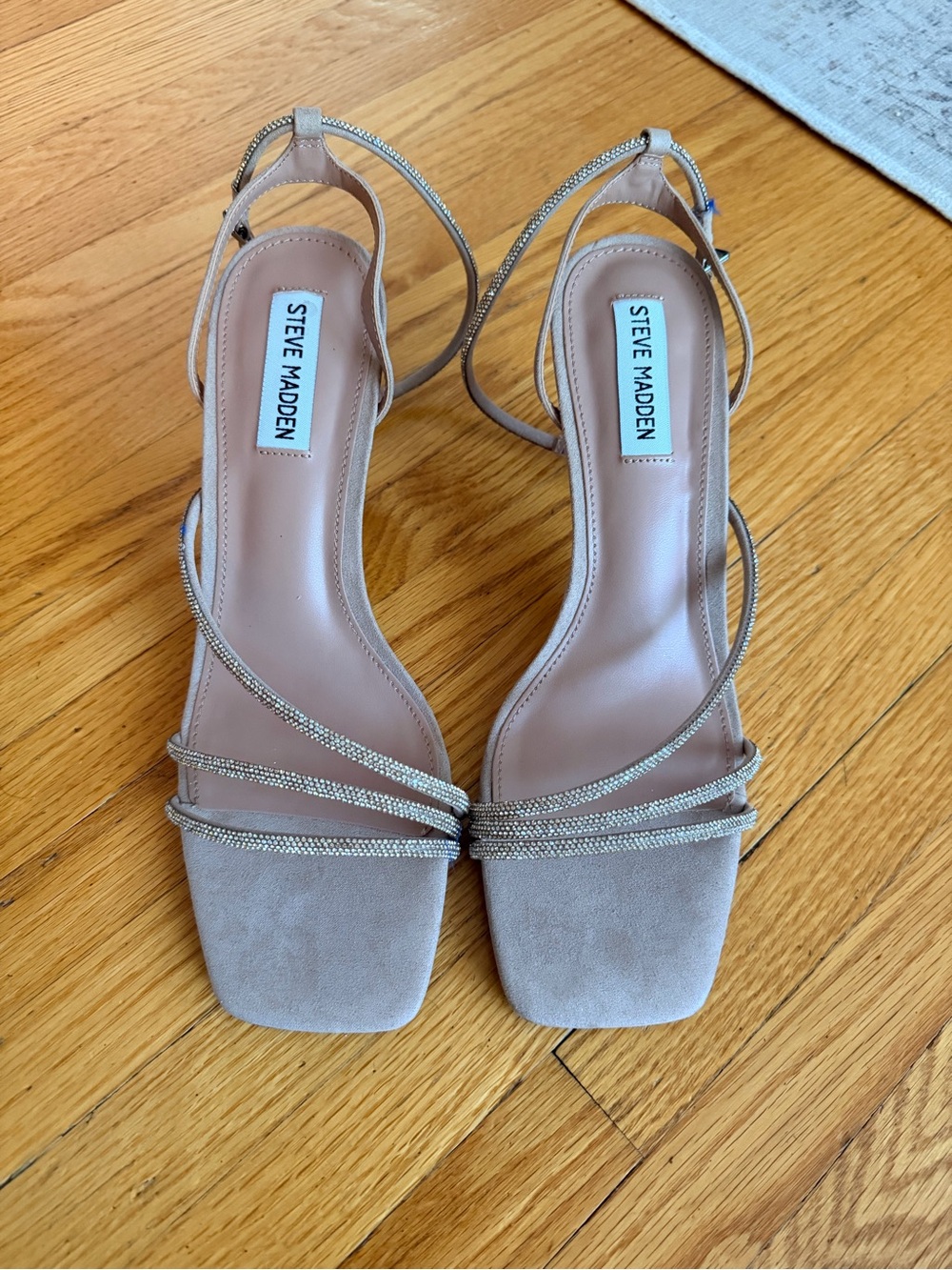 Steve Madden Nude-Beige Rhinestone Strap Heeled Sandals